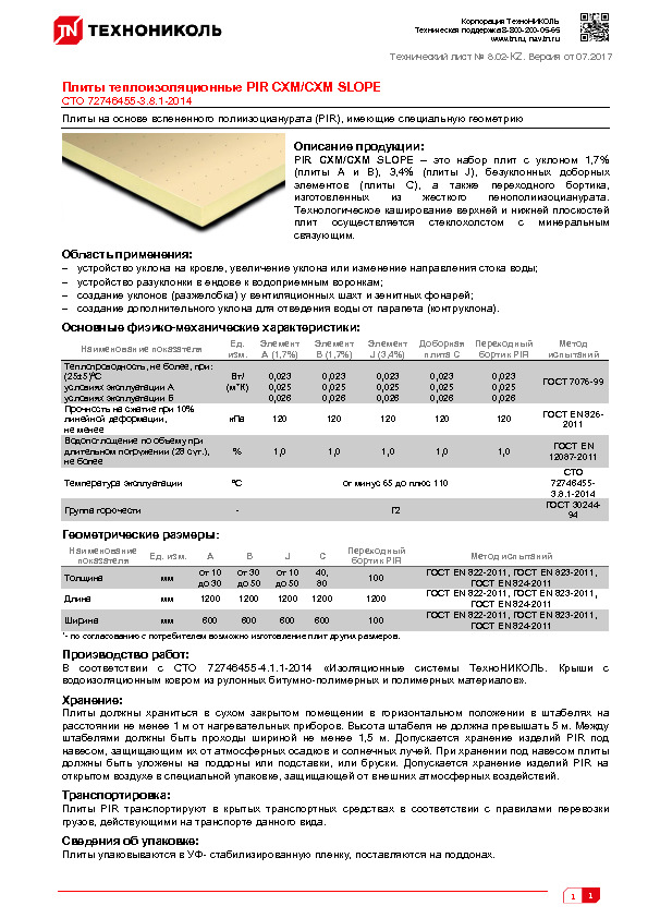 Технический лист Плиты теплоизоляционные PIR СХМ/СХМ SLOPE