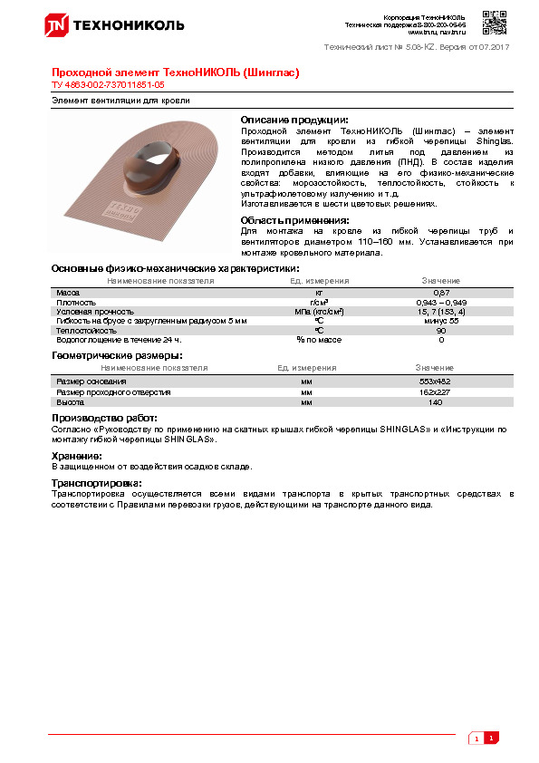 Технический лист Проходной элемент ТЕХНОНИКОЛЬ (Шинглас)